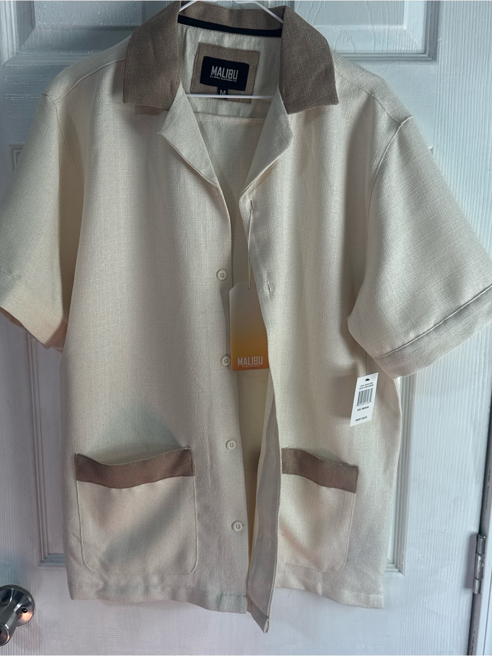 Malibu Cream Short Sleeve Button-Up with Tan Trim
